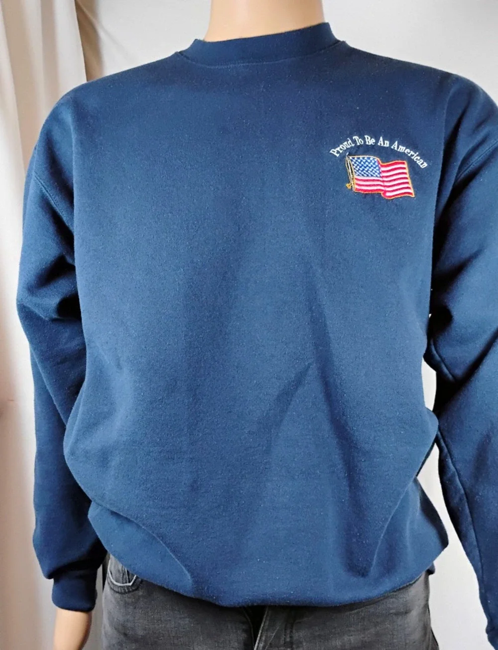 American Flag Embroidered Crewneck Pullover Sweatshirt Navy Mens L Patriotic